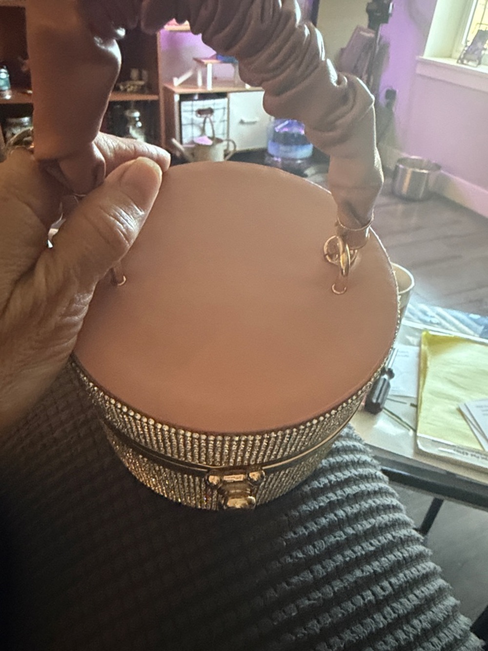 Round Rhinestone Box Handbag in Blush Pink - Picture 6 of 7